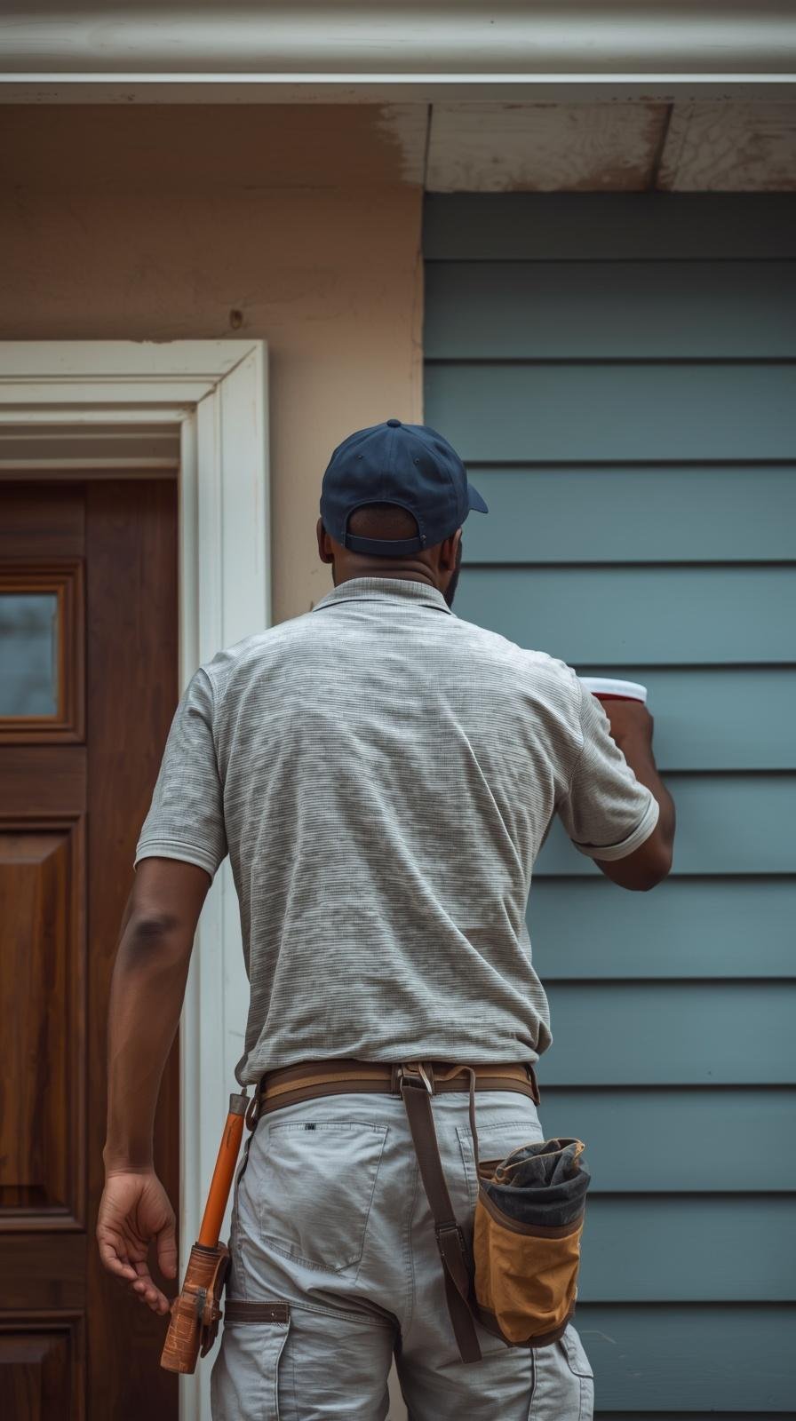 an african handyman facing away from the camera painting a house on a lower middle class community